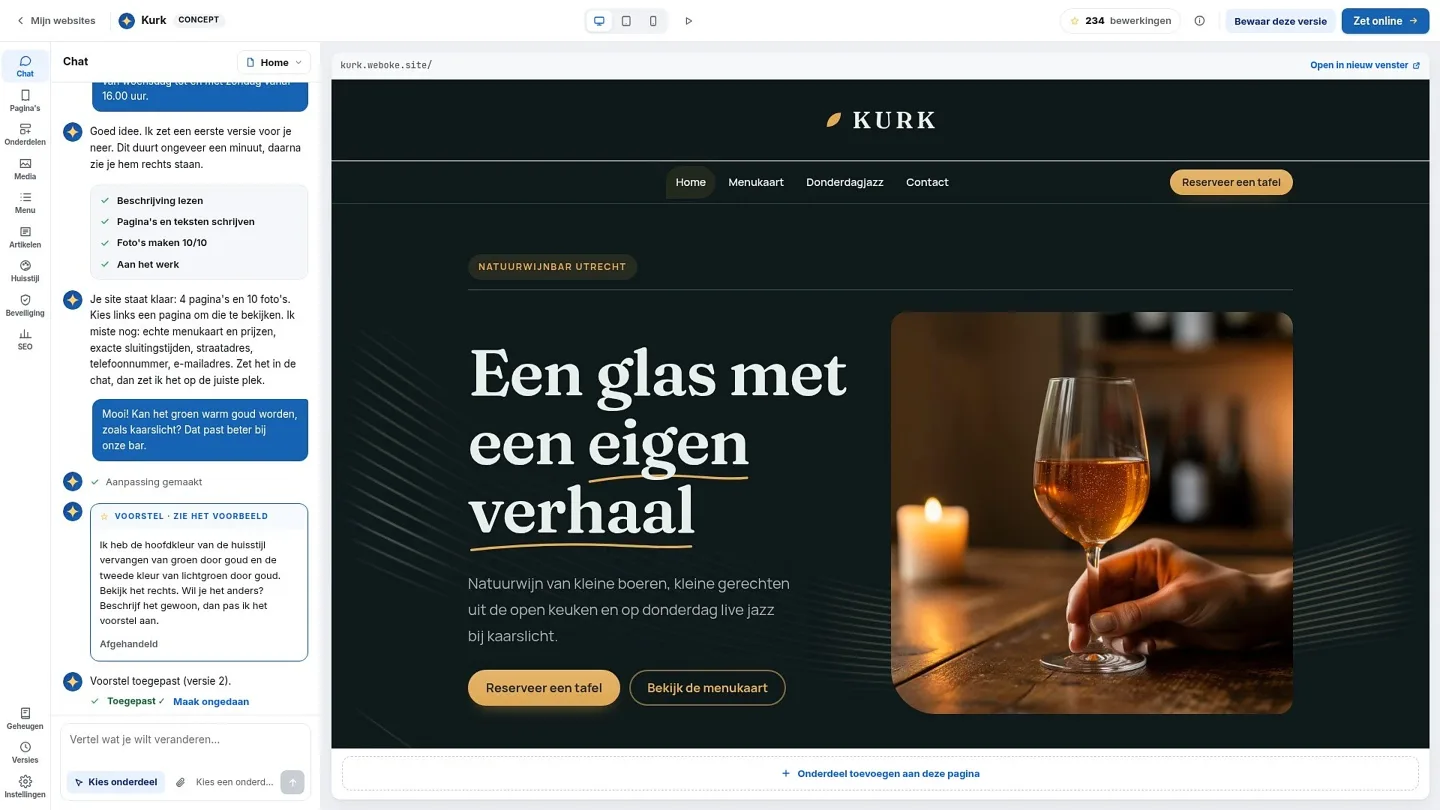 De afgeronde website van wijnbar Kurk, met rechtsboven de knop Zet online.