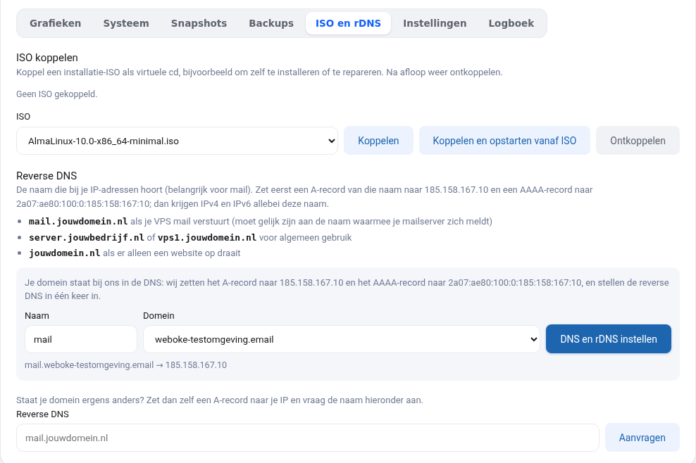 Het tabblad ISO en rDNS met de ISO-keuze en de knoppen Koppelen en Ontkoppelen